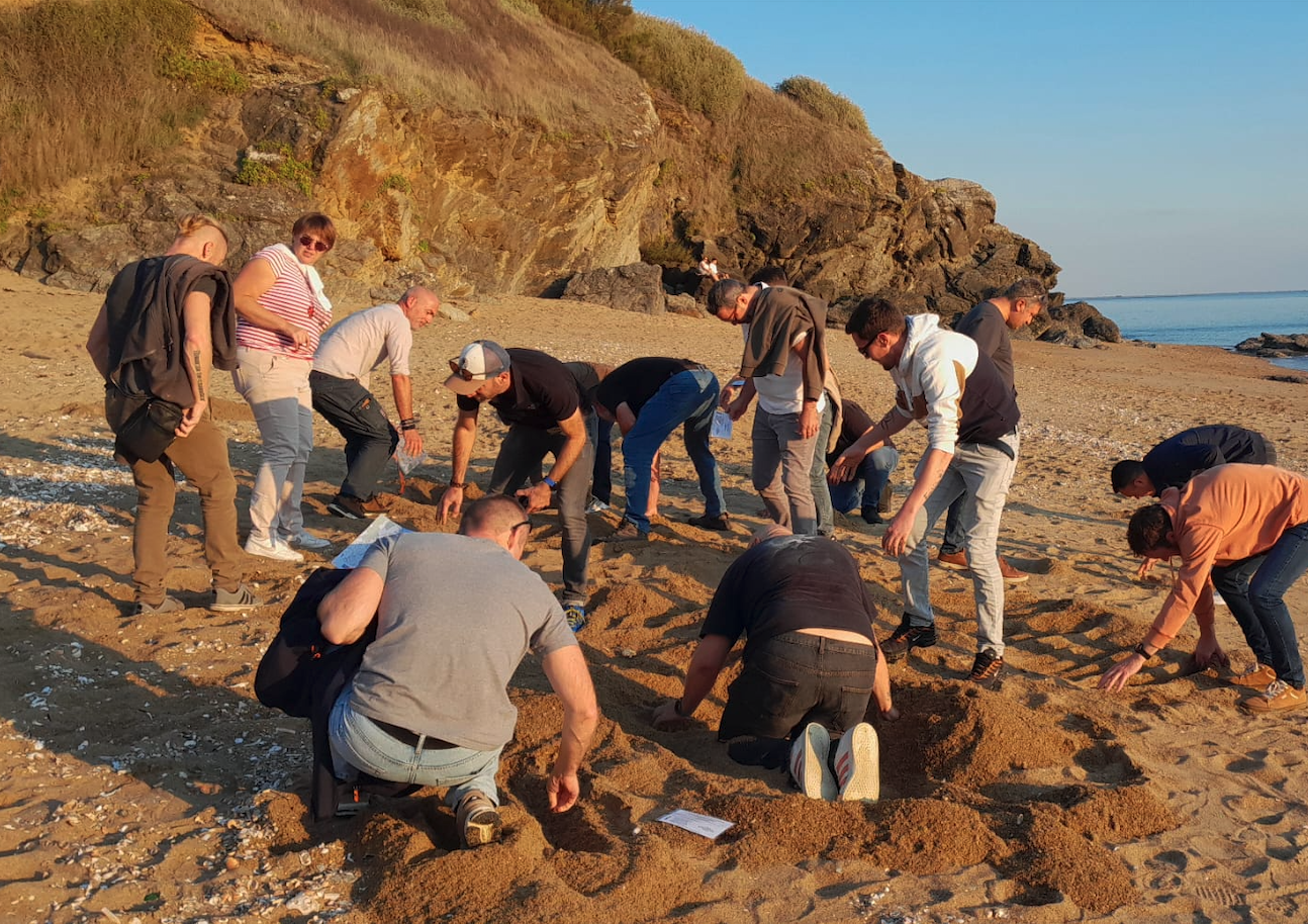Groupe de personnes fouillant le sable.